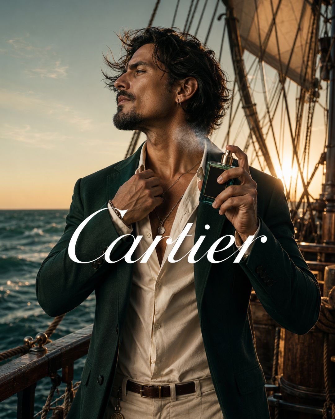 Campanha de perfume masculino criada com IA: homem de blazer verde em um veleiro ao pôr do sol com a marca Cartier