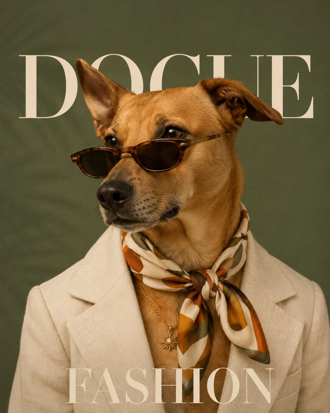 Capa de revista criada com IA: cachorro de blazer e óculos escuros com o título Dogue Fashion