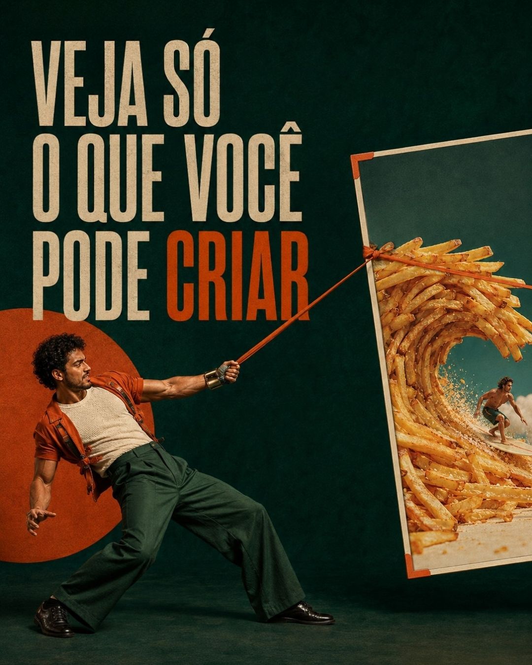 Peça criada com IA: homem puxando um quadro com onda de batatas fritas e a frase Veja só o que você pode criar
