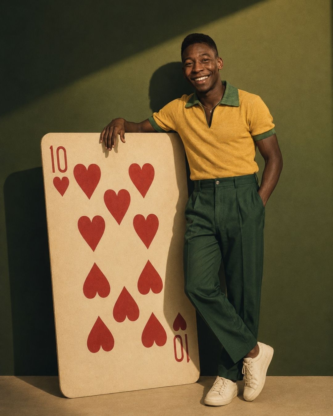 Retrato editorial criado com IA: jogador sorrindo ao lado de uma carta de baralho gigante