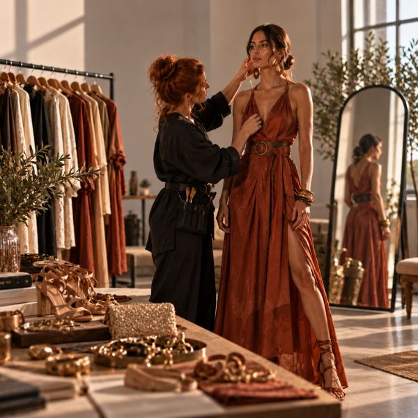 Stylist ajustando o look de uma modelo em um estúdio de moda