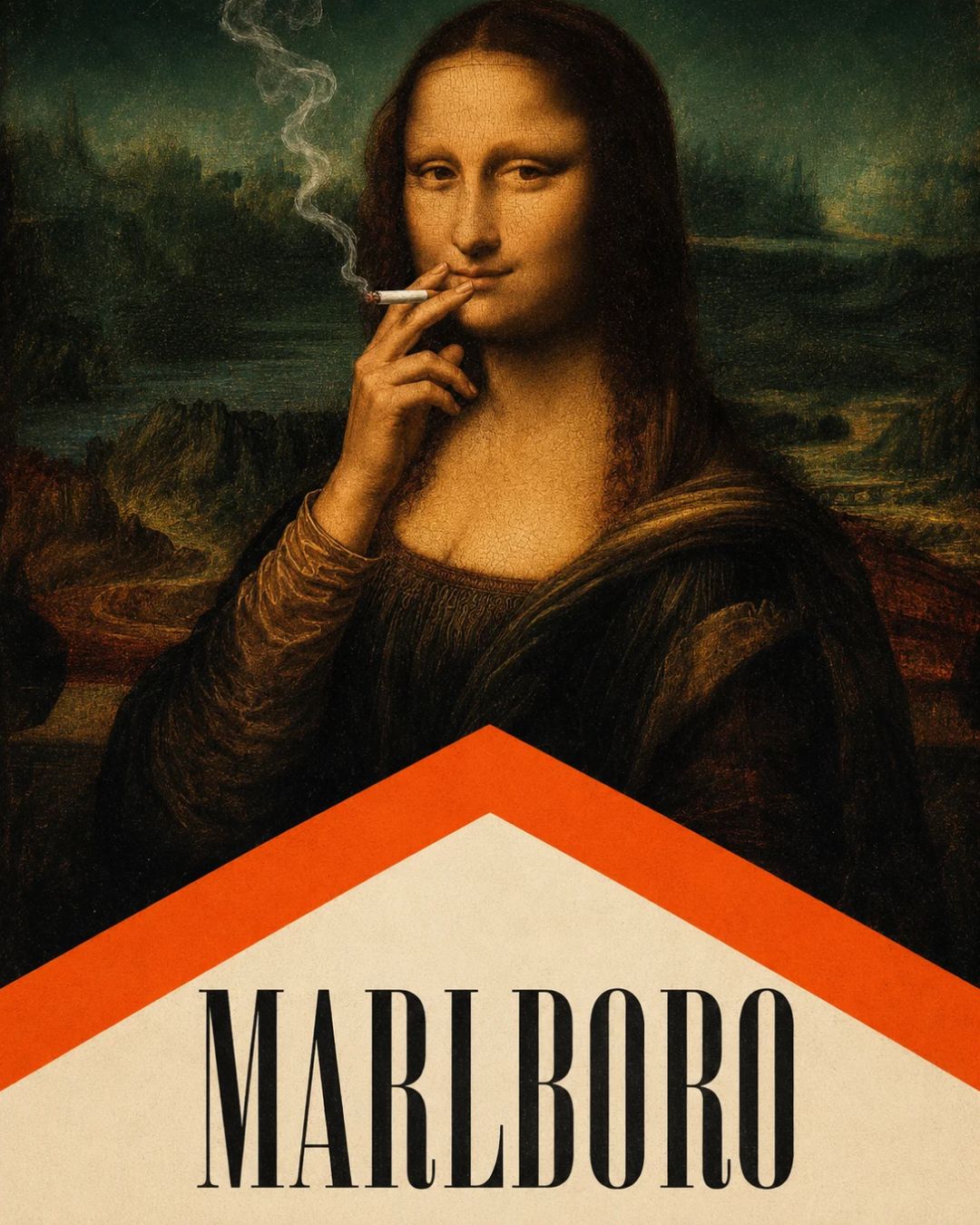 Releitura publicitária criada com IA: Mona Lisa fumando em um cartaz no estilo Marlboro