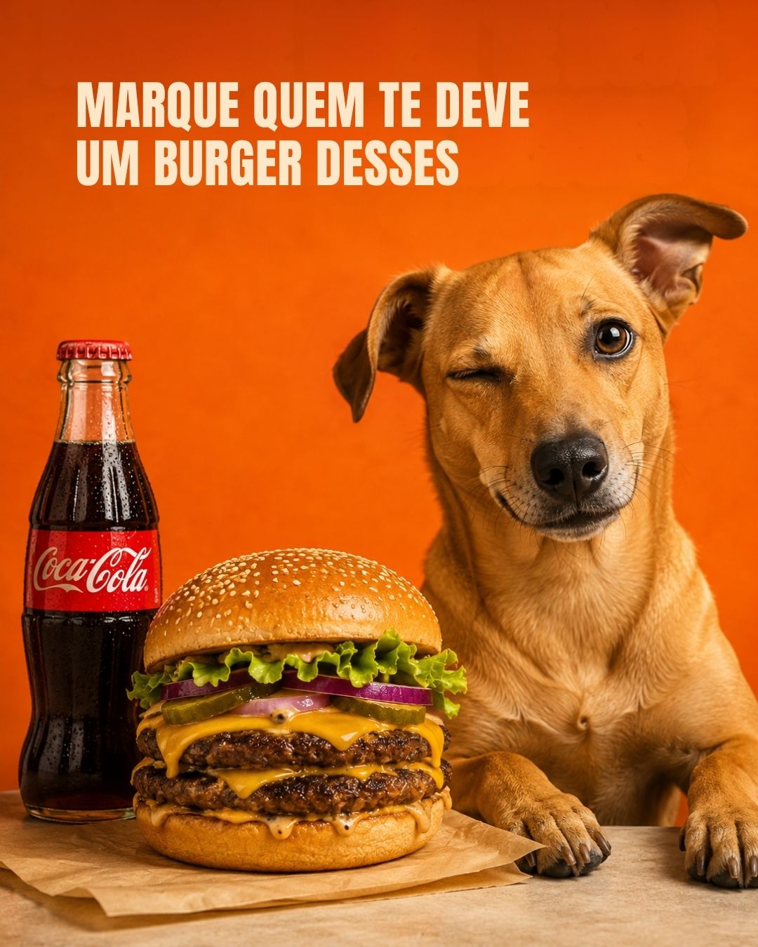 Post de hamburgueria criado com IA: cachorro piscando ao lado de um burger duplo e refrigerante