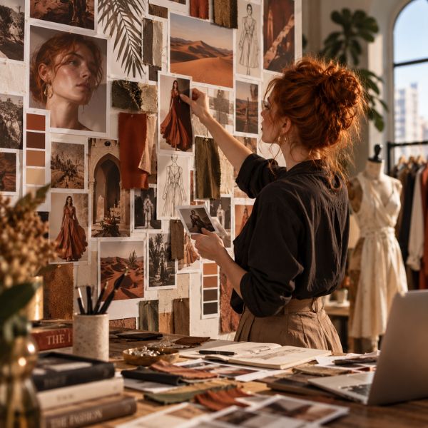 Designer construindo o moodboard e o conceito visual de uma coleção de moda