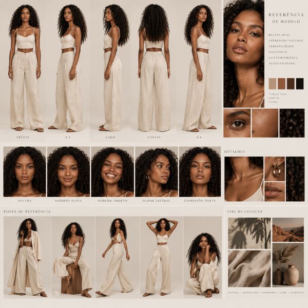 Prancha de referência de modelo com poses, expressões e detalhes para consistência visual