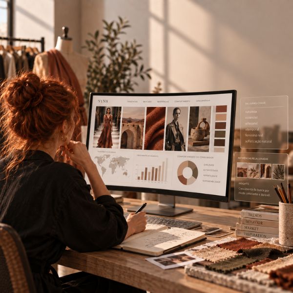 Profissional de moda pesquisando tendências e analisando referências visuais para uma coleção