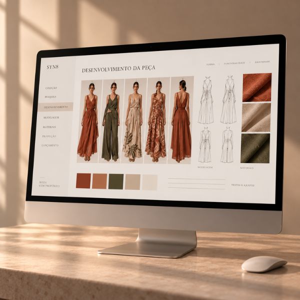 Variações de looks, tecidos e estampas sendo experimentadas em uma coleção com IA