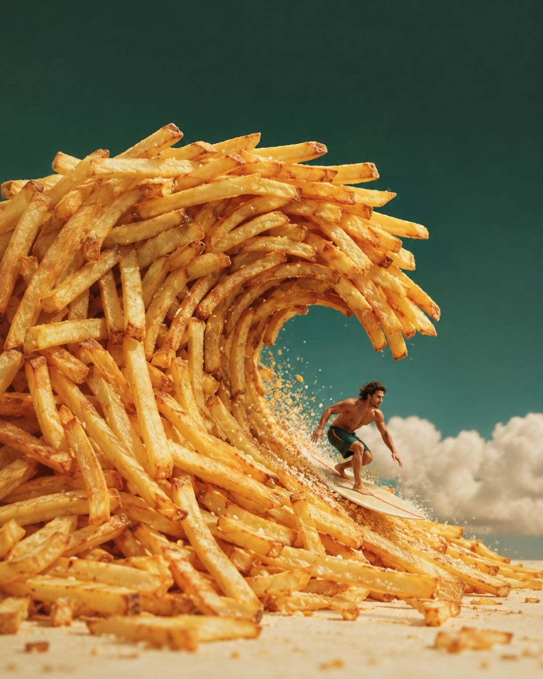 Imagem publicitária criada com IA: surfista descendo uma onda gigante feita de batatas fritas