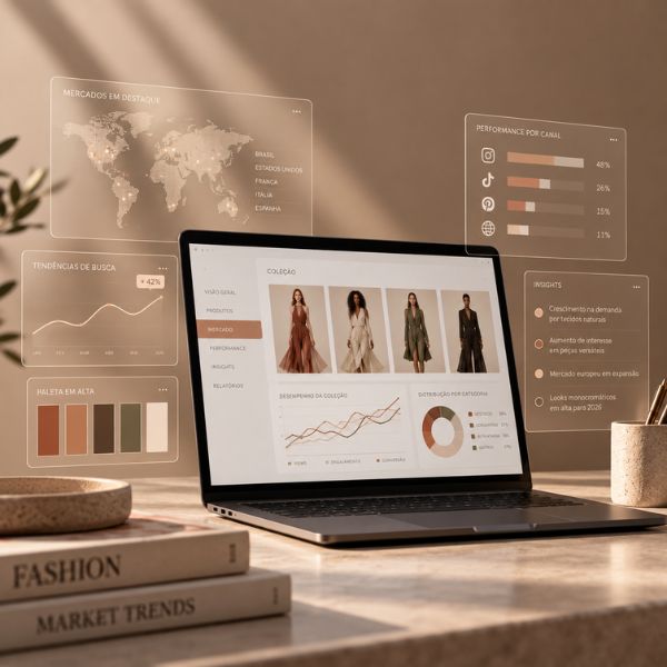 Painel de dados de moda com indicadores de vendas, tendências e desempenho de coleções